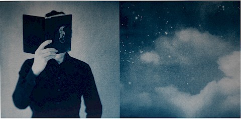 diptych of man with book covering his face and night sky full of stars