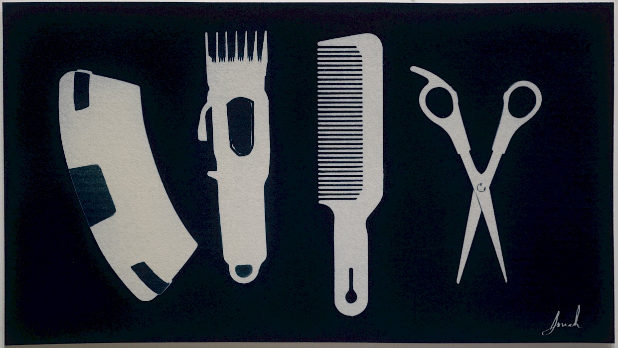 cyanotype outline photograms of haircutting tools hair clipper, comb, scissor