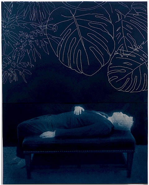 surreal image of Man lying on ottoman with leaves overlooking him. follow your bliss metaphor of walking through life