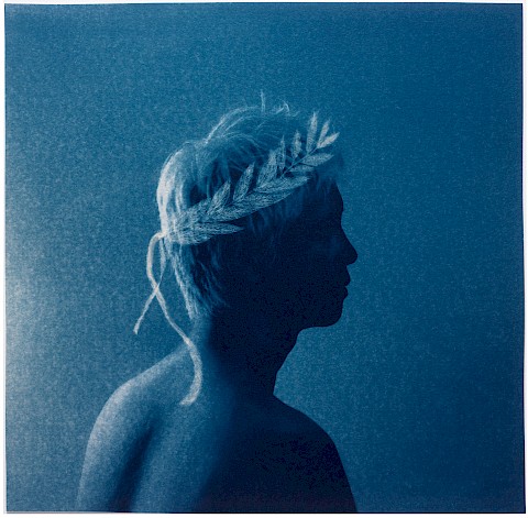 cyanotype art print for sale man with laurel wreath crown symbol for victory love greek mythology example of inspiration by coincidence