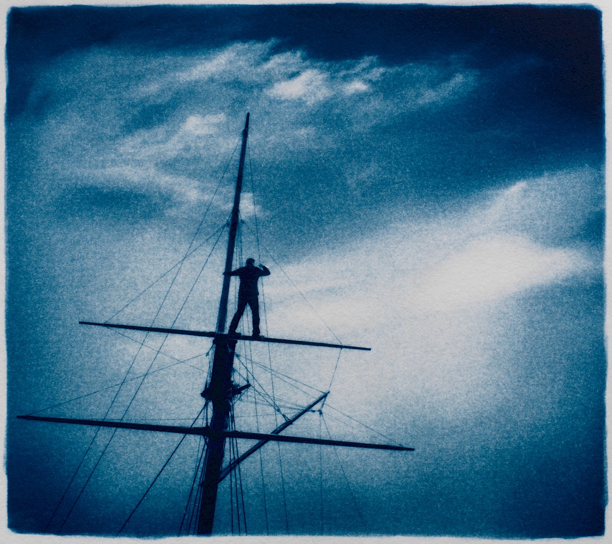 surreal man on mast of ship looking at blue horizon unknown ocean